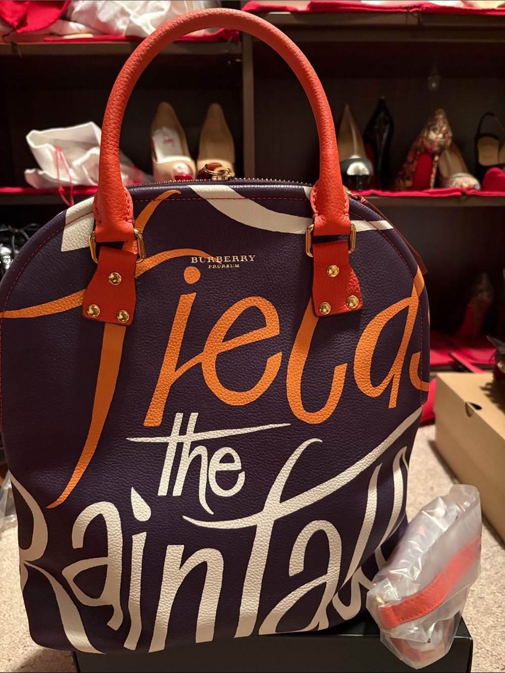 Burberry Purple Satchel with Orange Script and White Accent